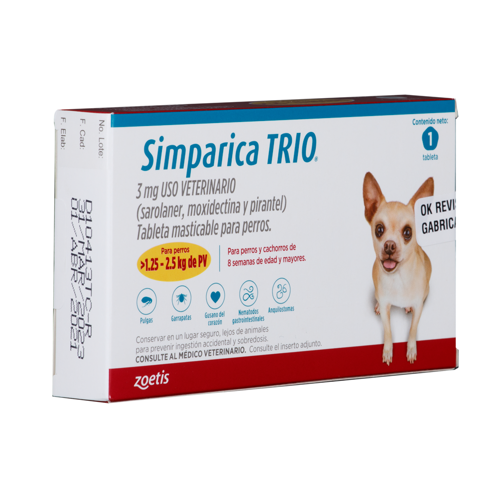Antiparasitario Interno y Externo para perro  Simparica Trio 1.25 Kg - 2.5 Kg 1 Tableta