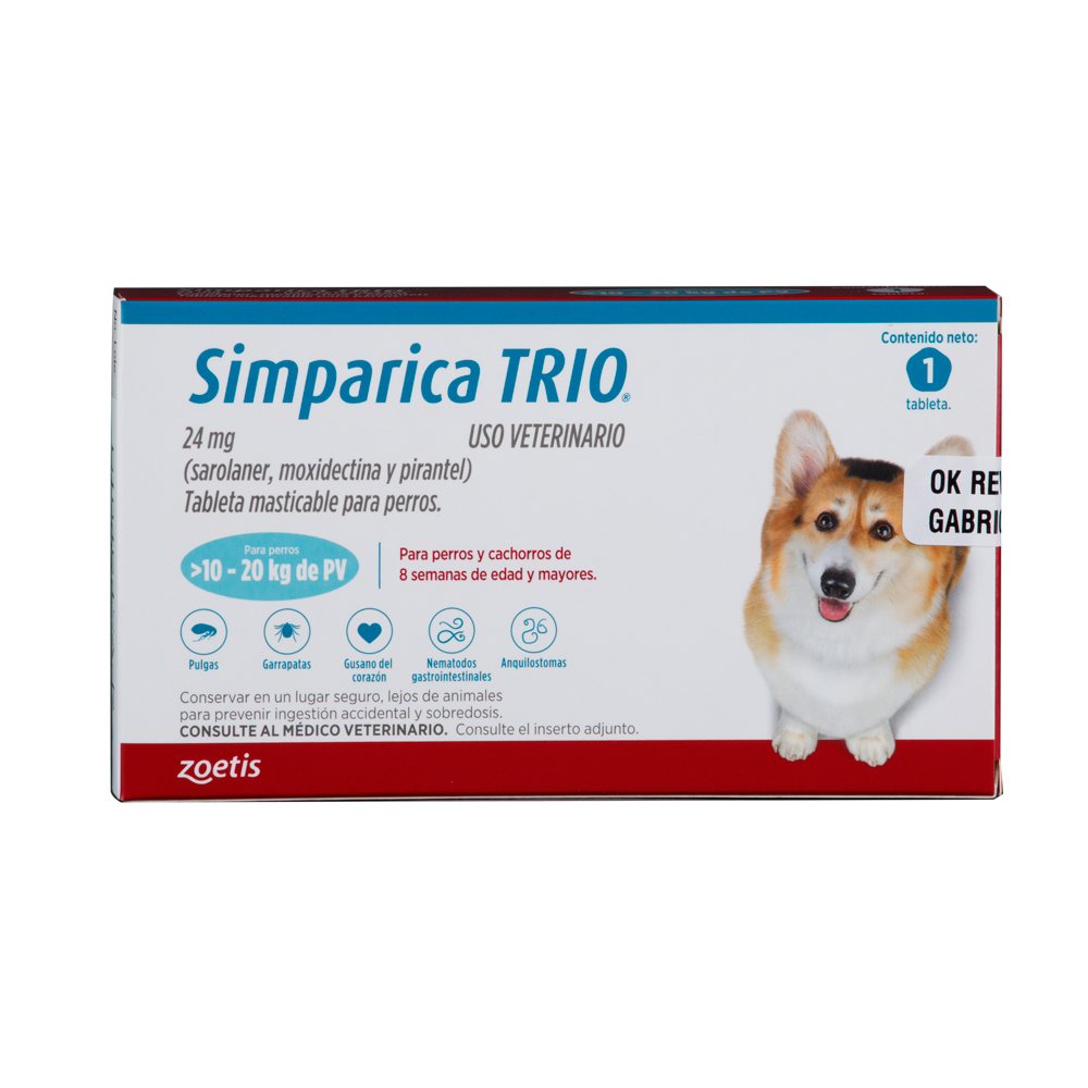 Antiparasitario Interno y Externo para perro  Simparica Trio 10 Kg - 20 Kg 1 Tableta