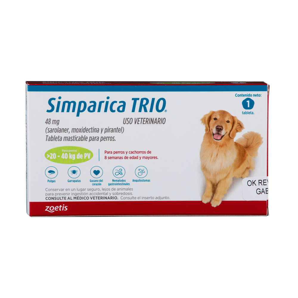 Antiparasitario Interno y Externo para perro  Simparica Trio 20 Kg - 40 Kg 1 Tableta