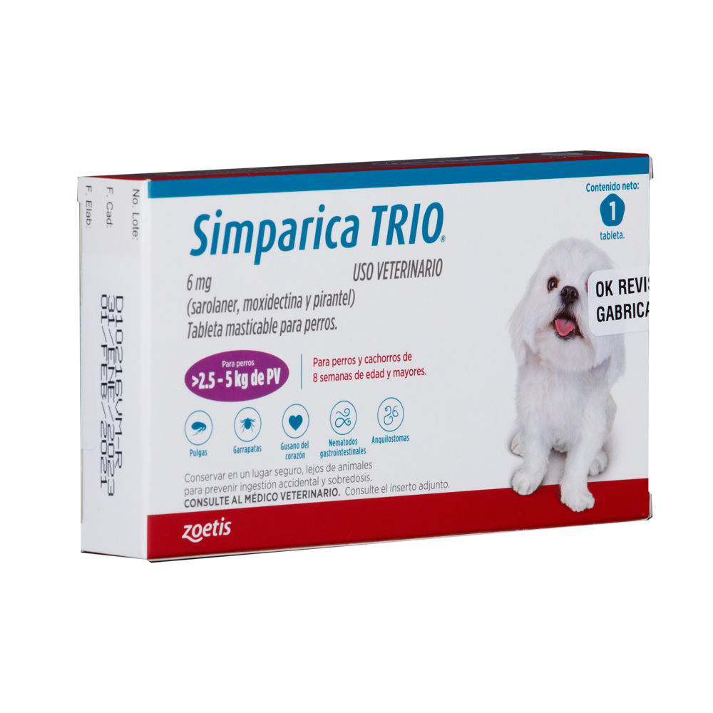 Antiparasitario Interno y Externo para perro  Simparica Trio 2.5 Kg - 5 Kg 1 Tableta