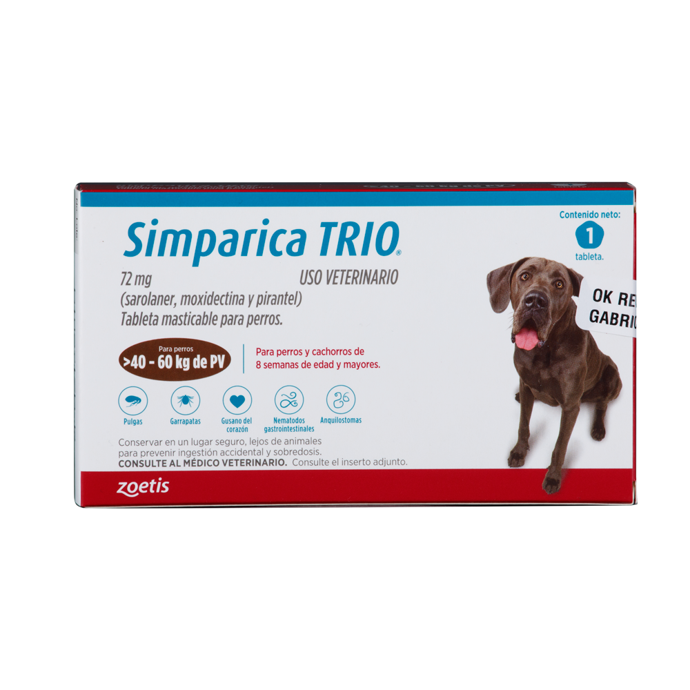 Antiparasitario Interno y Externo para perro  Simparica Trio 40 Kg - 60 Kg 1 Tableta